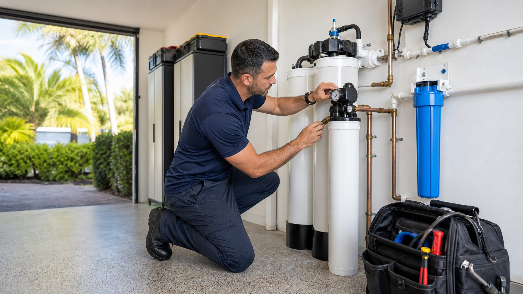 Licensed Trueflow Water technician servicing a whole-home filtration system